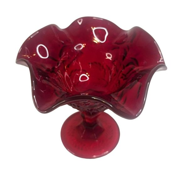 Vintage Ruby Red Glass Ruffled Compote Candy Pedestal Bowl - Picture 4 of 7